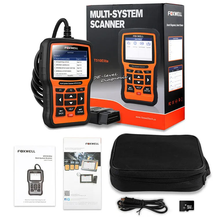 Foxwell NT510 orange and black automotive diagnostic tool with OBD2 scanner and TFT colour screen display