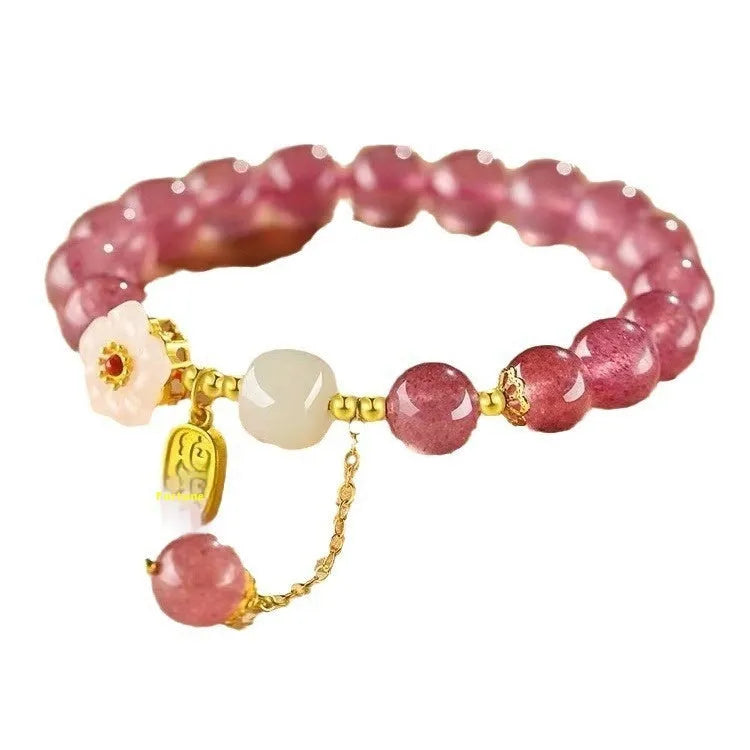Handmade Hetian jade and strawberry quartz crystal bracelet with five style options for women