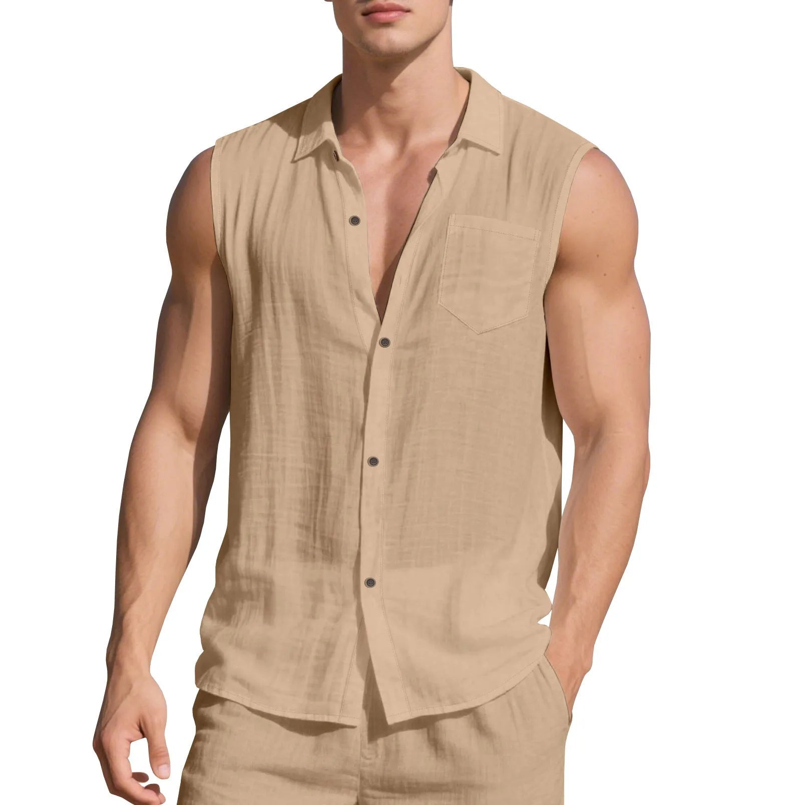 Sleeveless linen polo collar cardigan vest in solid colour, loose fit, front view