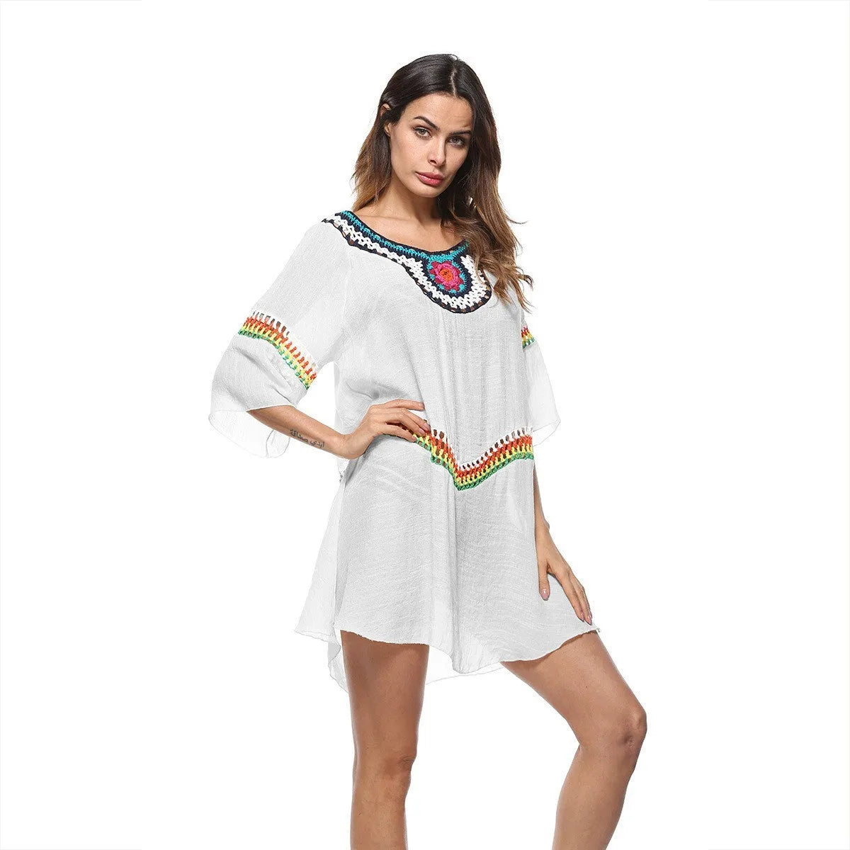 Crocheted ethnic style beach cover-up for women in acrylic polyester fabric