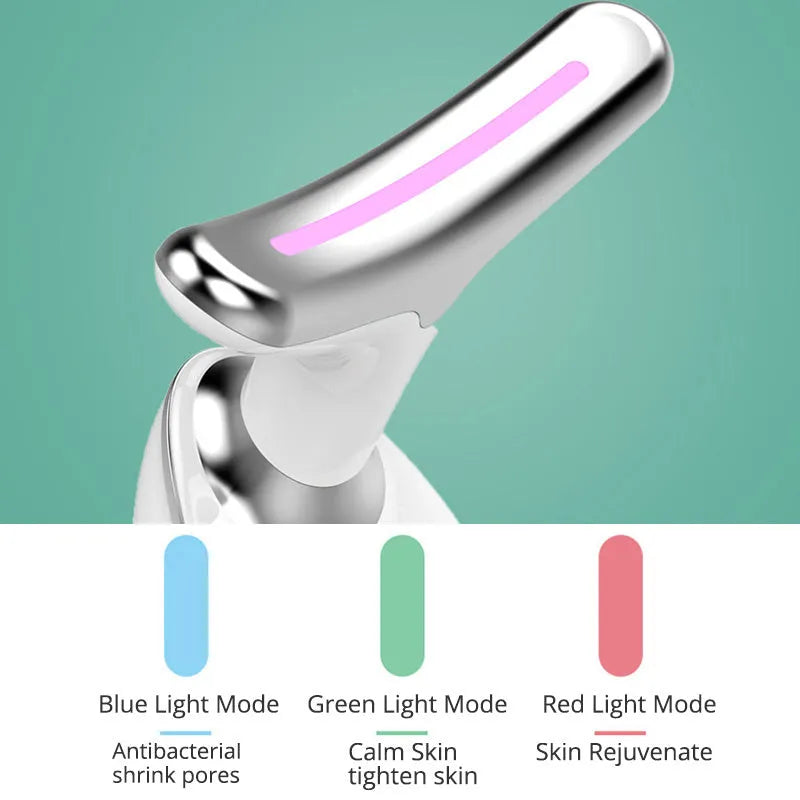 White EMS thermal neck massager device with LED lights and a USB charging cable.