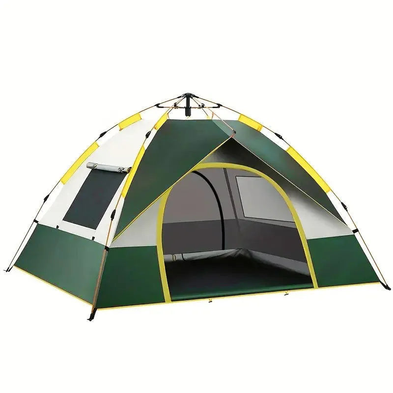 Dark green silver glue automatic quick-open camping tent for 3-4 people, fully pitched showing door and window.
