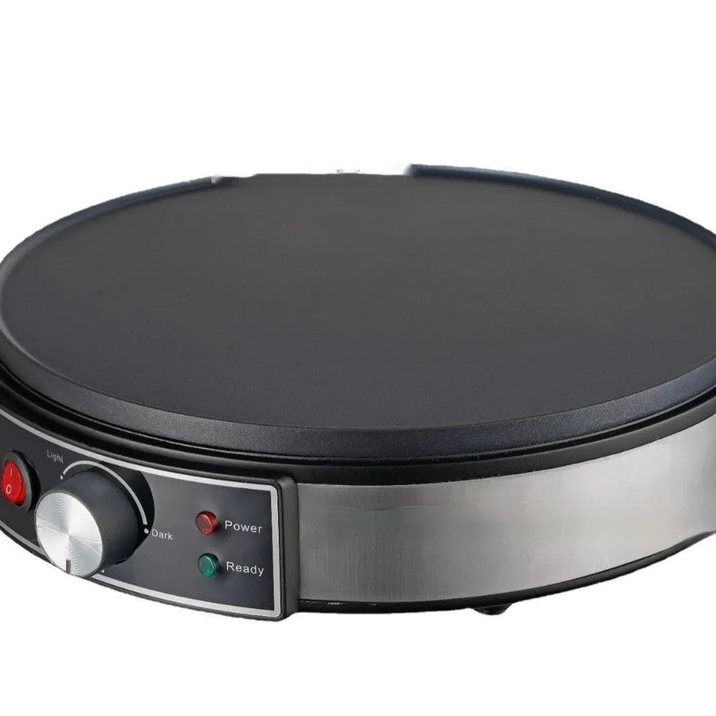 Black electric baking pan with non-stick surface and adjustable temperature knob, 30cm diameter