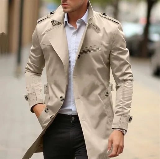 Men's autumn casual cotton jacket with lapel collar in Army Green colour showing side seam pockets