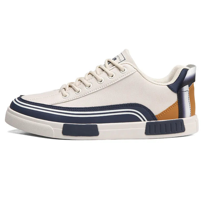 Men's beige and white/green canvas casual shoes with mesh sections and round toe