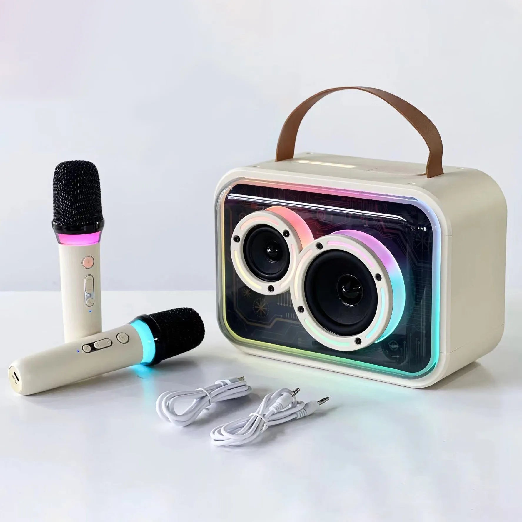 Bluetooth-compatible portable speaker with colourful RGB lights in black, with wireless karaoke microphone