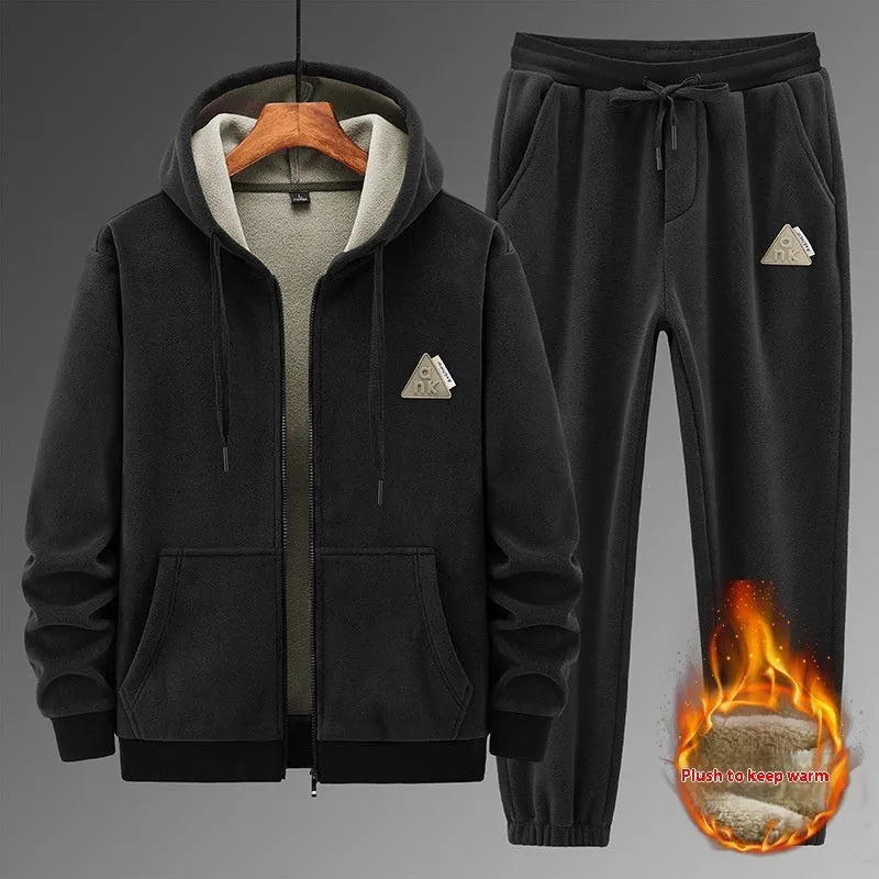 Men's grey hooded cashmere-feel sweater and matching trousers casual sports suit set