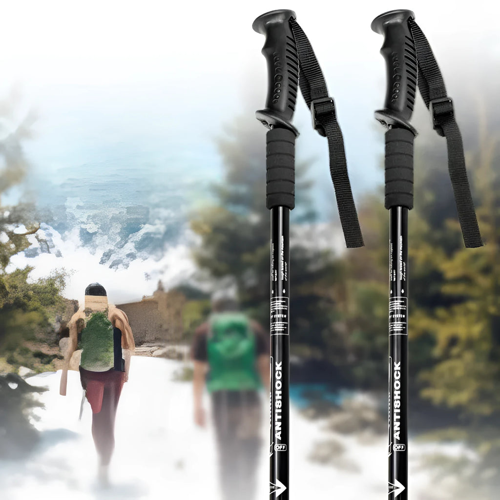 Aluminium alloy trekking poles adjustable 65-135cm with mud supports and snow holders on a mountain trail