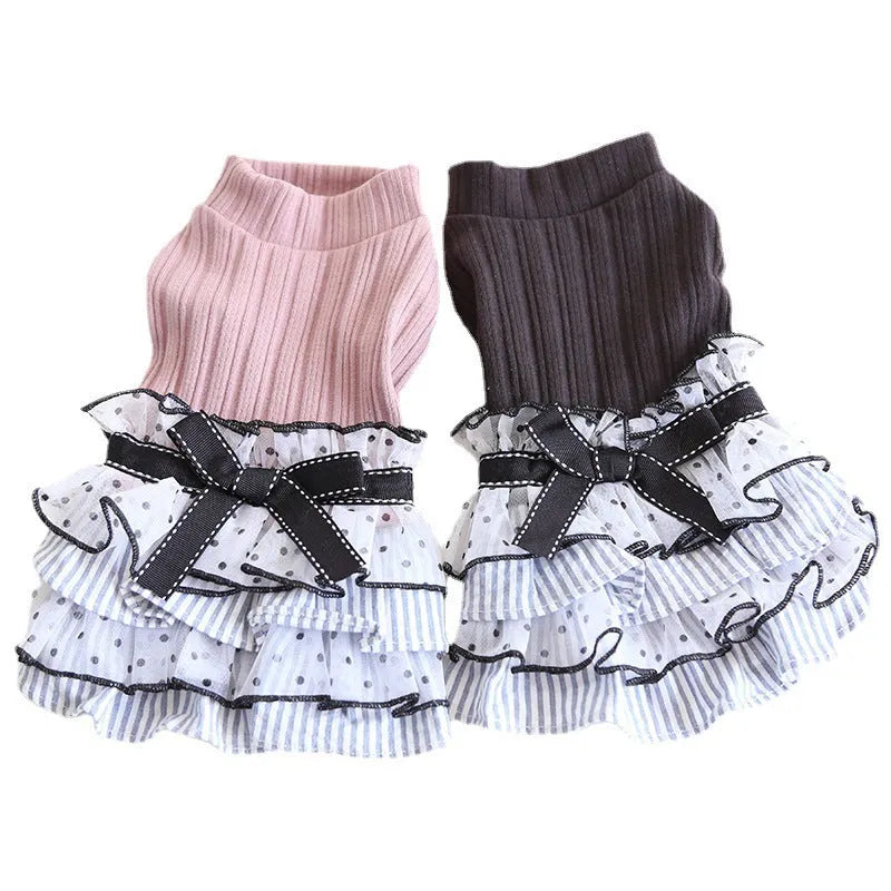 Polka dot lace cake pet dress for small dogs and cats in princess style, cloth fabric, taro purple colour