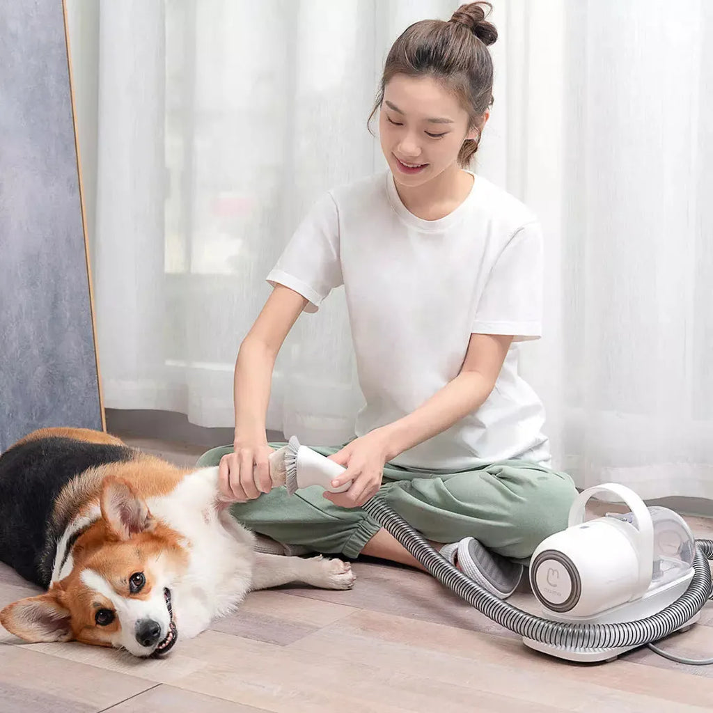 Pet multifunctional grooming clipper with electric scissors, white ABS plastic, includes cleaning brush and combs