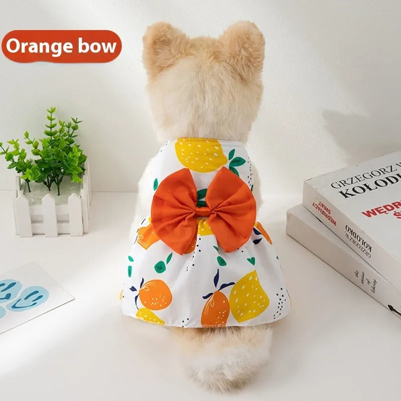 Ultra-thin polyester pet dress with floral butterfly knot design in multiple colour bow options