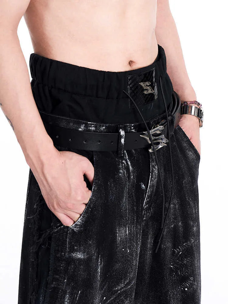 Black men's leather belt with a metal letter buckle, made from two-layer cowhide.