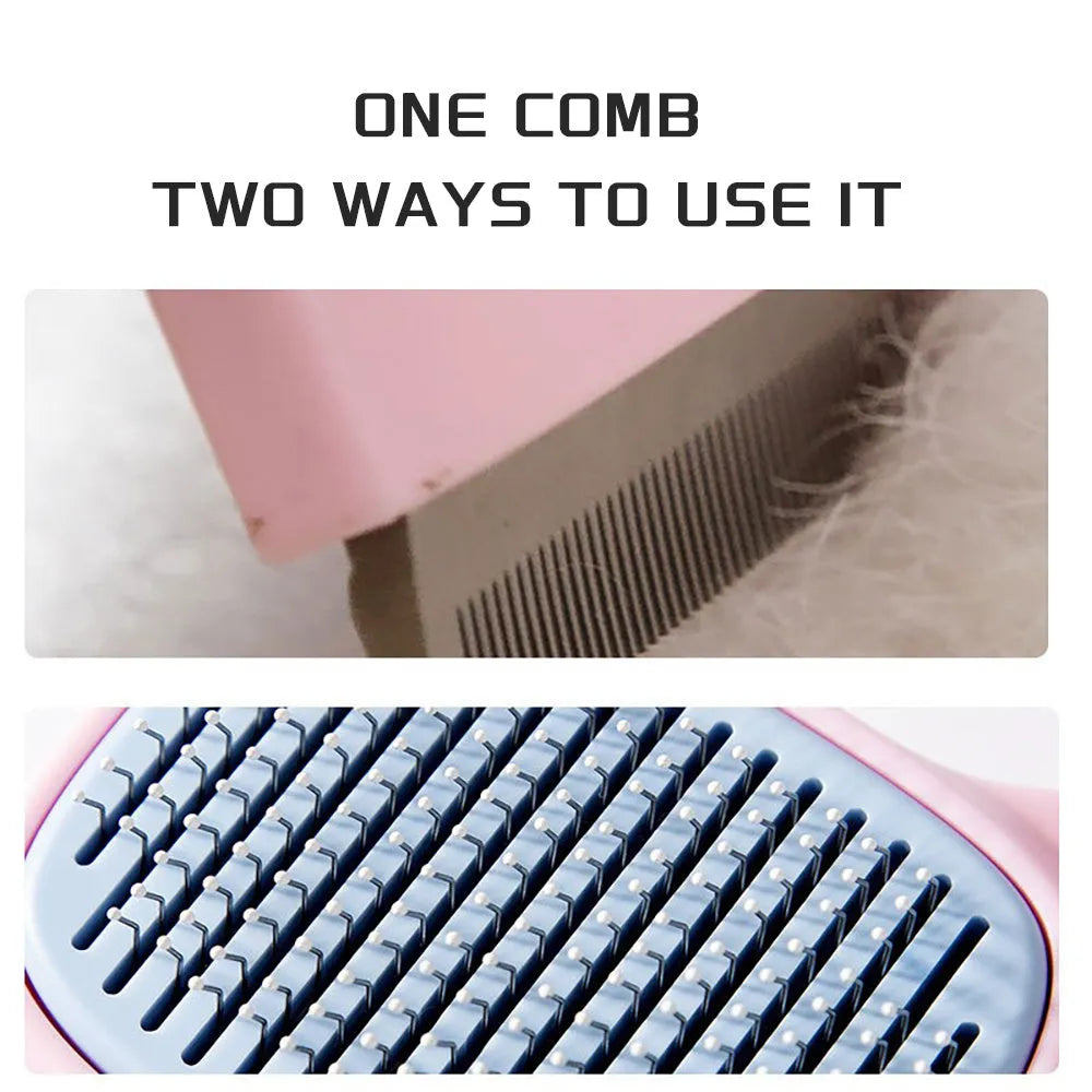 Red double-sided pet grooming brush with deshedding rake and dematting comb, shown with dimensions.
