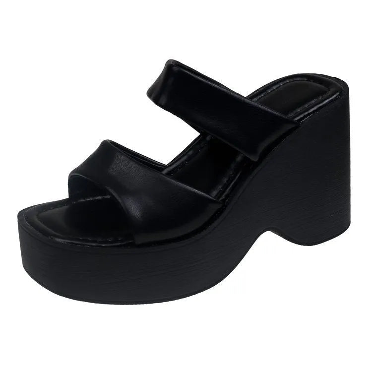 Wedge platform slippers for women, square toe, PU upper, black colour
