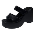 Wedge platform slippers for women, square toe, PU upper, black colour