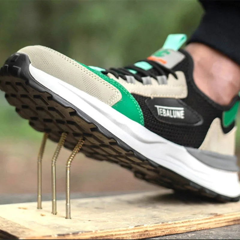 Low-top lightweight safety shoes with plastic steel toe, black green colour, mesh upper, and TPU sole