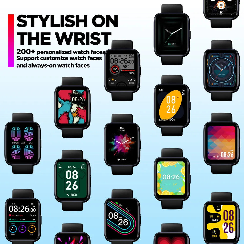 GPS sports smart watch with 1.78 inch LCD screen, black rubber strap, showing health monitoring display