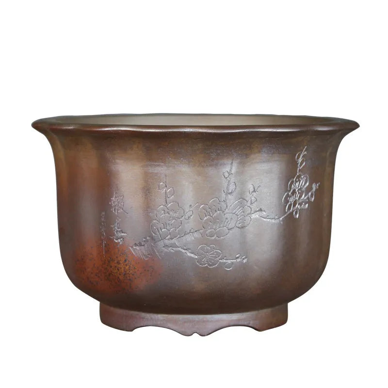 Antique carved ceramic flower pot in purple sand clay with wood burning finish for indoor bonsai