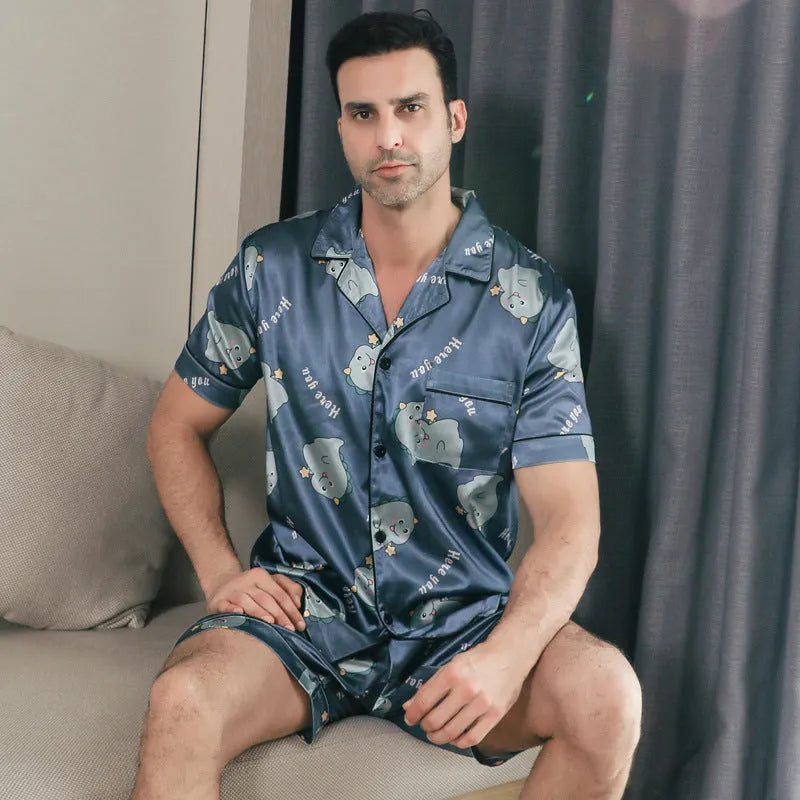 Ice silk men's short sleeve cardigan pajama set in picture style colour, including top and pants, shown on a model.