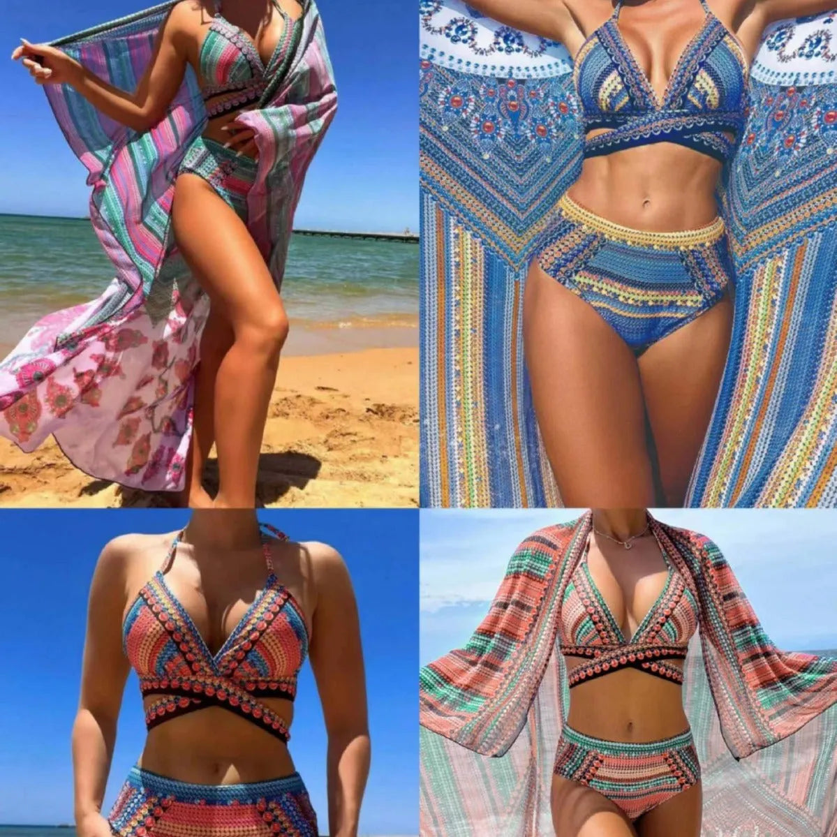 Women's three-piece bikini swimsuit with cross bandage bra, high waist briefs, and sheer mesh veils in multiple colour options