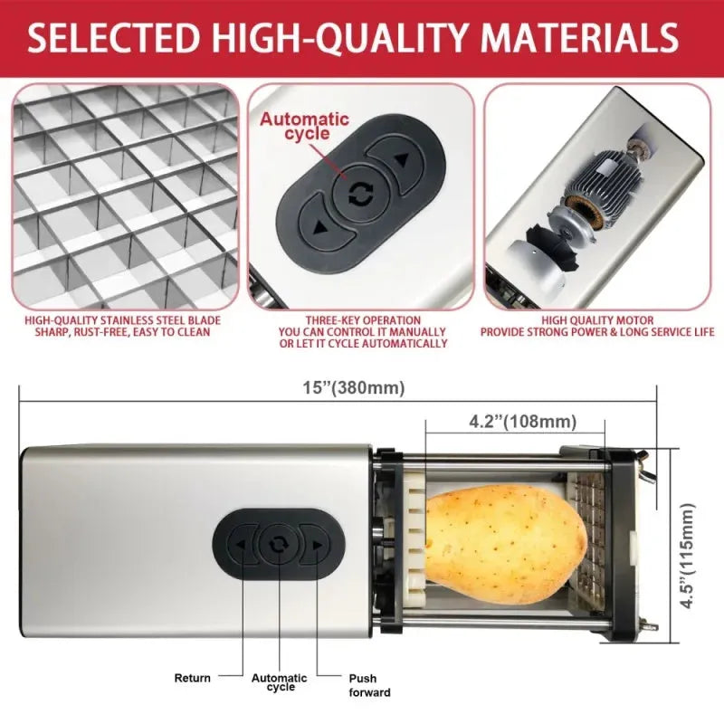 Electric french fry cutter machine black ABS body with stainless steel blades and top control buttons