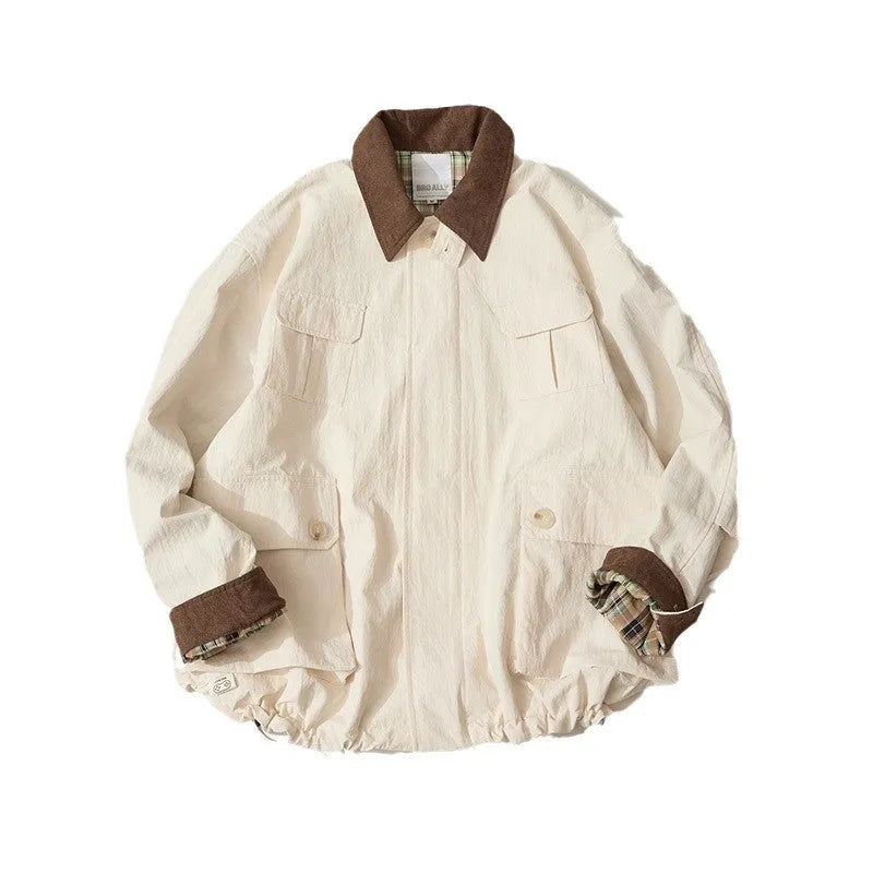 Green and apricot contrast colour casual jacket with side seam pockets and regular long sleeves
