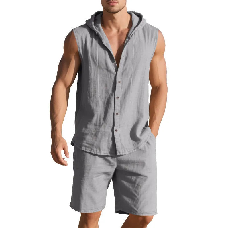 Linen sleeveless shirt shorts suit for men in army green, S-XXXL size range