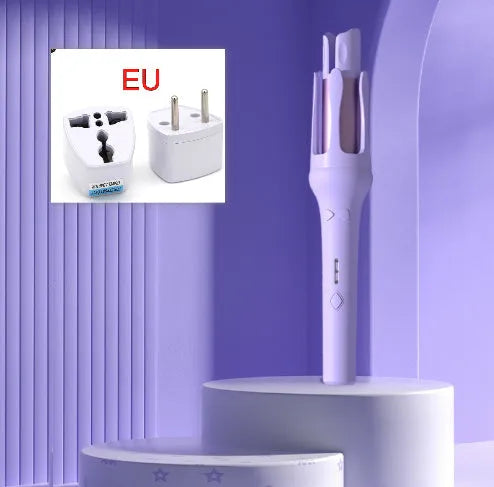 32mm automatic hair curler in pink or purple with UK voltage rating and plug adapters
