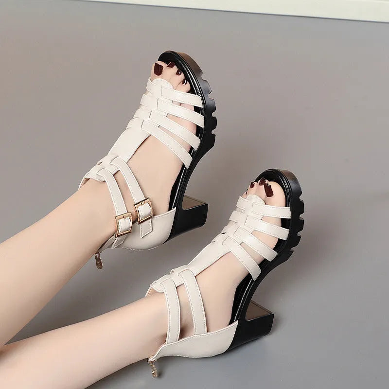 Women's summer hollow-out high heel shoes with rhinestones, buckle fastening, PU upper, in beige, fish mouth toe