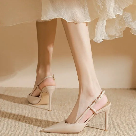 Women's one-line buckle toe high-heeled sandals in apricot with rubber sole and thin belt buckle detail