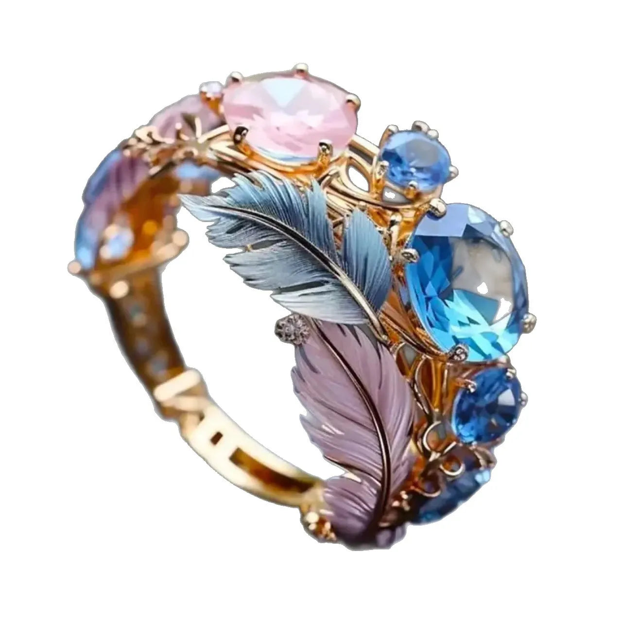 Gold geometric brass ring with an embossed colourful feather design and zircon stone accents.