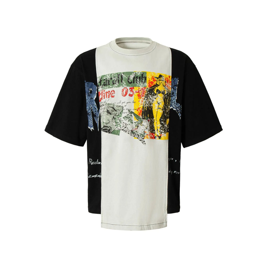Deconstruction printed collar loose fit T-shirt in black and white stitching.
