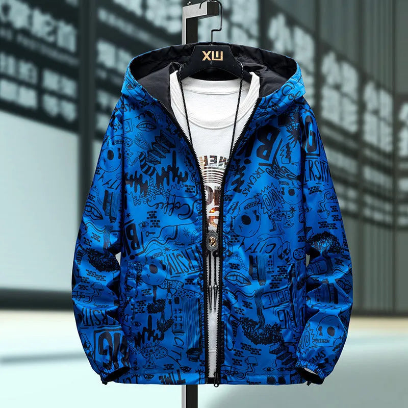 Men's loose fit reversible jacket with solid colour and flower pattern in black, front view