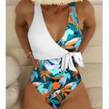 High-waist one-piece swimsuit with printed pattern in white or black colour options