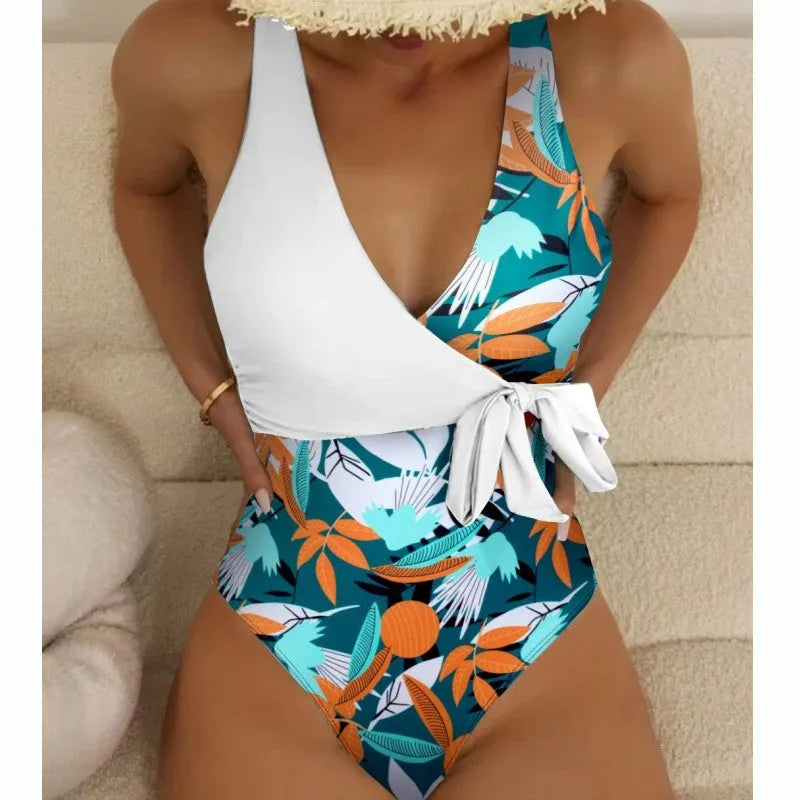 High-waist one-piece swimsuit with printed pattern in white or black colour options