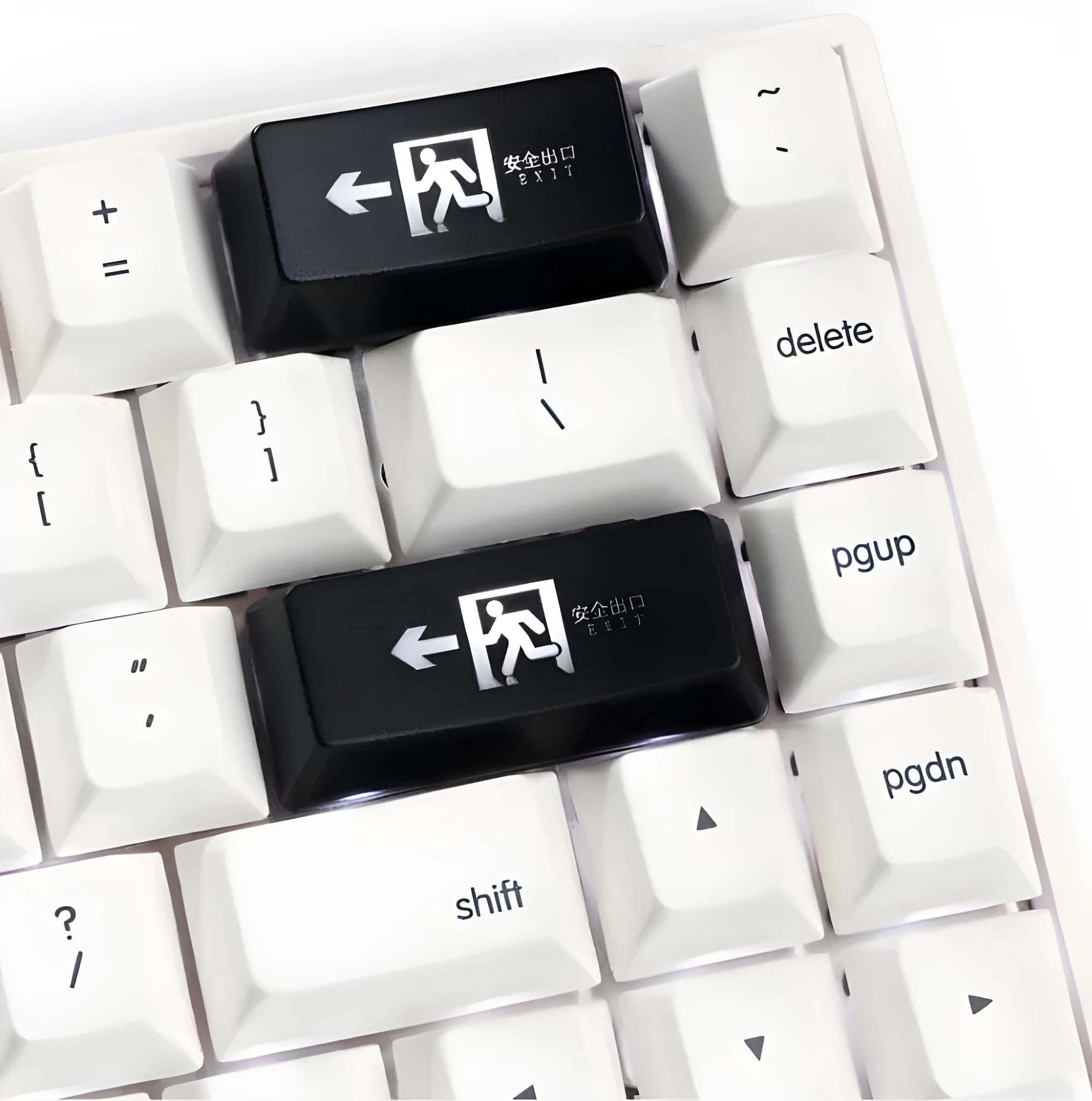 Red safety evacuation exit graphic on transparent plastic backspace keycap for USB wired keyboard