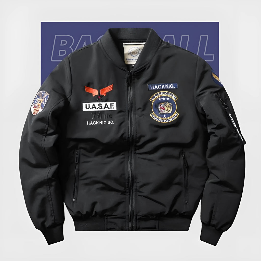 Men's slim-fit retro motorcycle coat with Harley embroidery on chest, stand collar, and patch pockets.