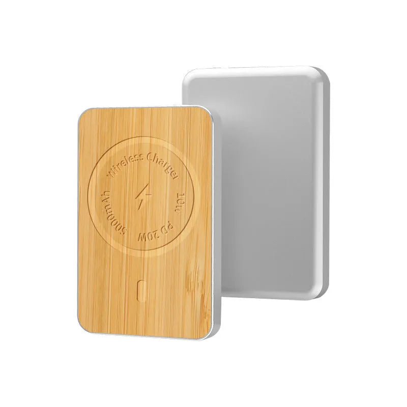 Khaki aluminium magnetic wireless charging power bank showing USB port and dimensions