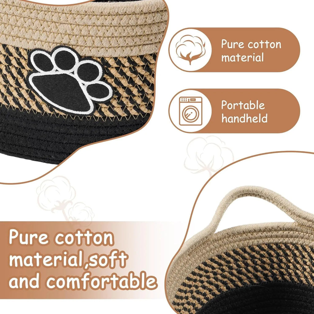 Light beige handmade woven cotton rope storage basket with wood handle, dimensions 34x26x15cm.