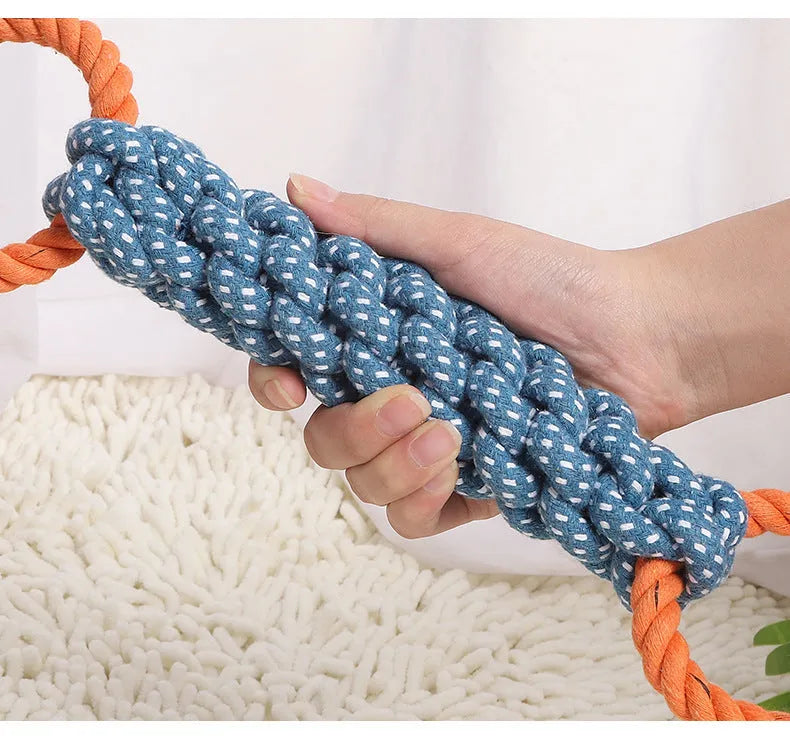Blue double-ring braided cotton knot dog toy on white background, 37cm length
