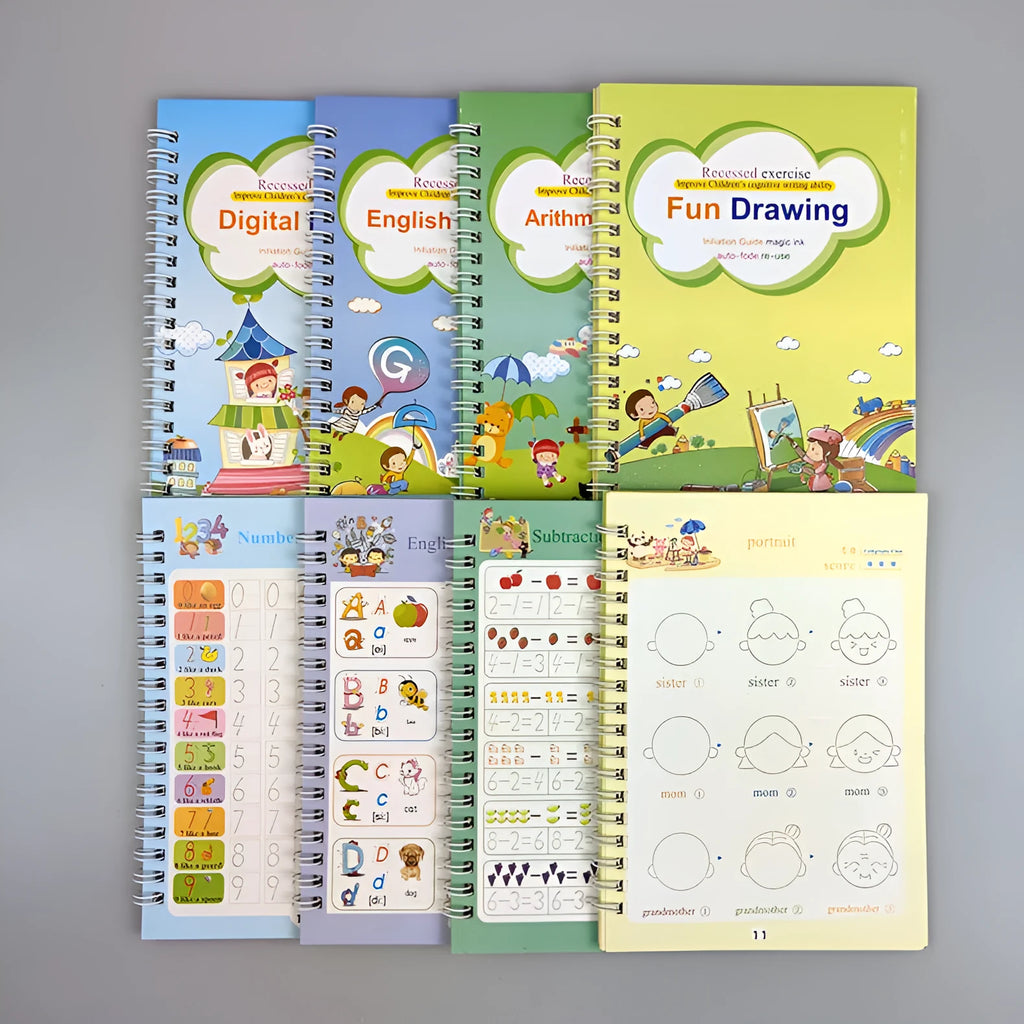 Magic stylus calligraphy practice books set in cardboard with pen and refills, 13 x 19 cm, four colour options