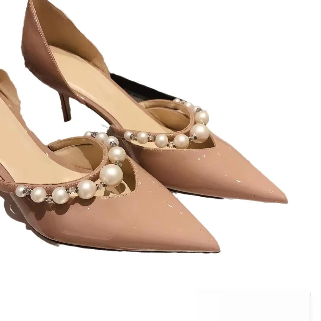 Women's pointed patent leather stiletto high heels with pearl accent, microfiber upper, sheepskin lining, available in nude black white sizes 34-40
