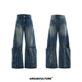 Men's verdant blue retro washed jeans with burst pattern and curved knife design in loose fit