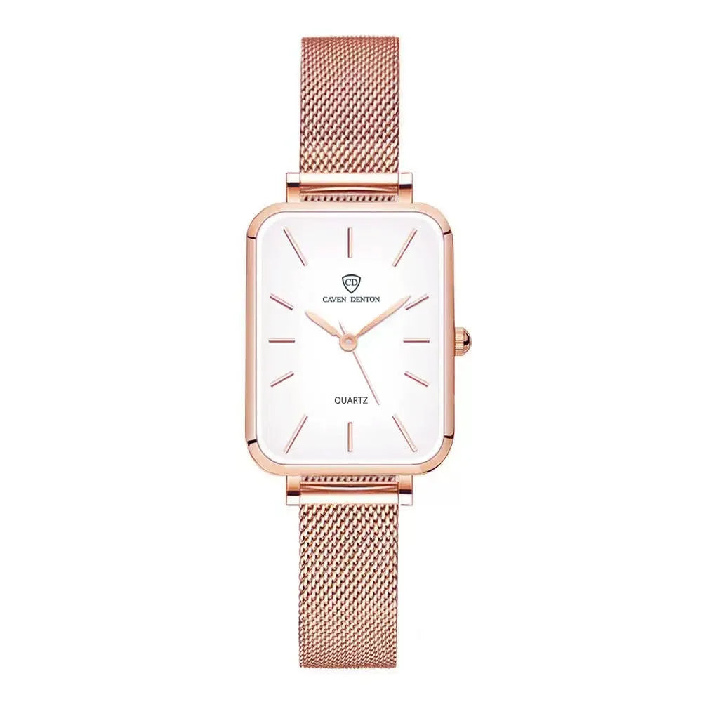 Women's waterproof quartz watch with alloy case and woven steel strap in rose gold or silver colour