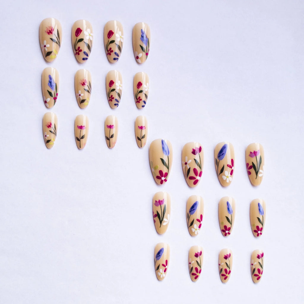 Almond-shaped removable wearable nail art set with rose and tulip flower patterns in solid colour