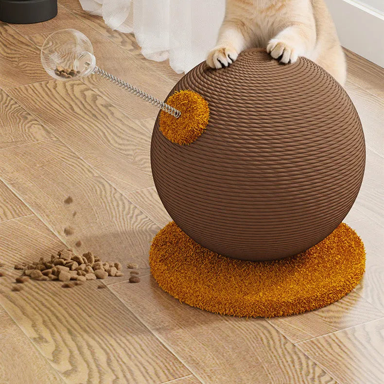 Hemp rope cat scratch board with cat grasping ball toy featuring tumbler mechanism