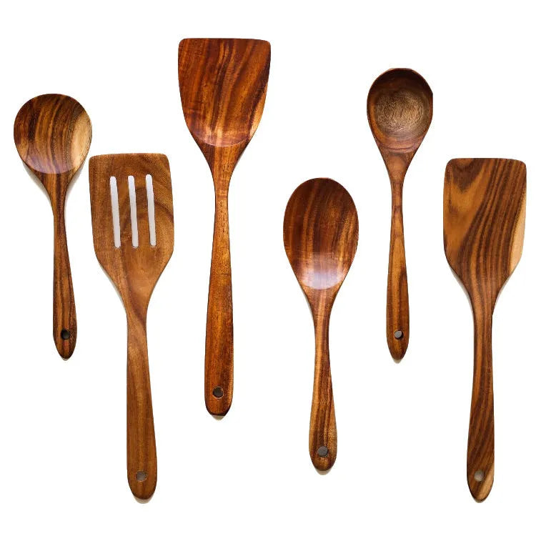 Seven wooden cooking utensils including spoon and spatula for non-stick pans with anti-scald handles