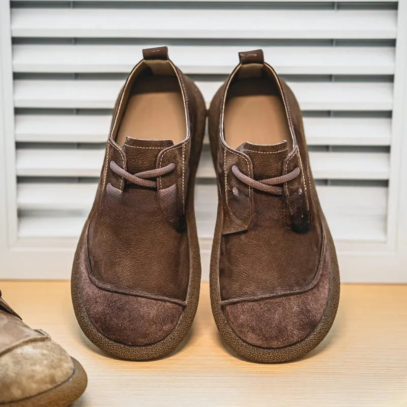 Men's casual lace up leather shoes in brown, matte finish, round toe, flat heel, sewing thread details, size 38-44