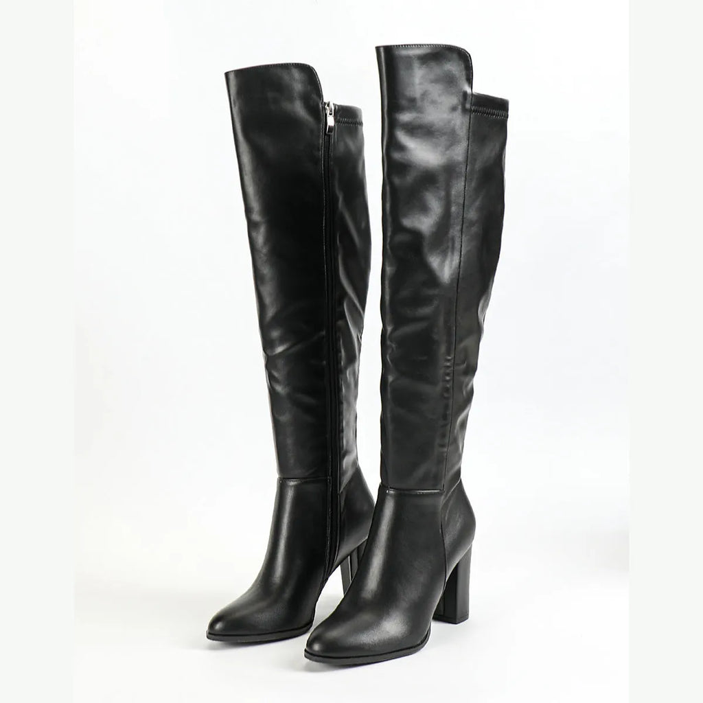 Women's black side zipper pointed toe chunky heel long boots with artificial PU upper, sizes 36-43