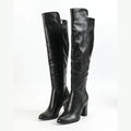 Women's black side zipper pointed toe chunky heel long boots with artificial PU upper, sizes 36-43